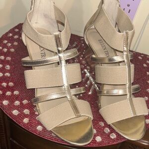 Ellen Tracy Tan and Gold Strappy Heels